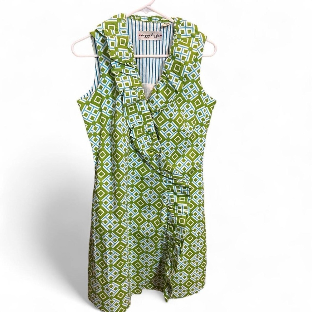 Dizzy Lizzie Green Geometric Ruffle Dress | Preppy Classic Summer Style